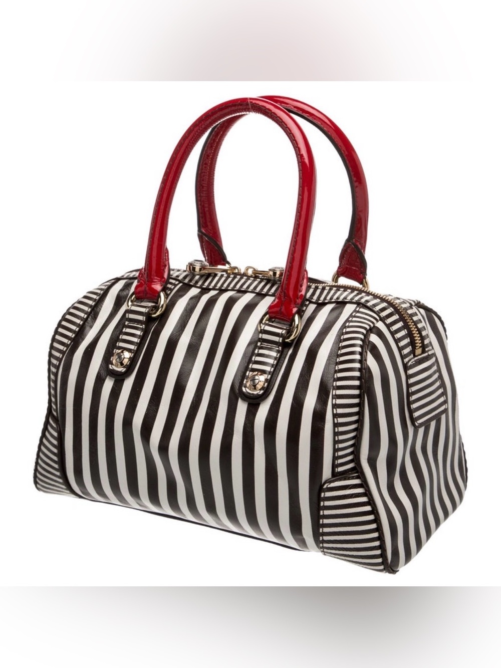 Henri Bendel Leather Striped Dome Satchel with Red Handles - Picture 2 of 5